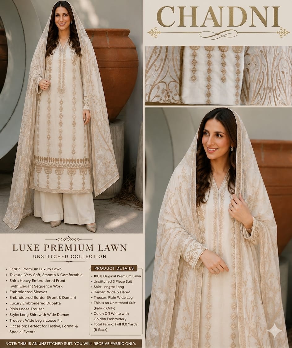 Chandni Luxe Premium Lawn – Off White & Golden Embroidered Unstitched 3 Piece Suit